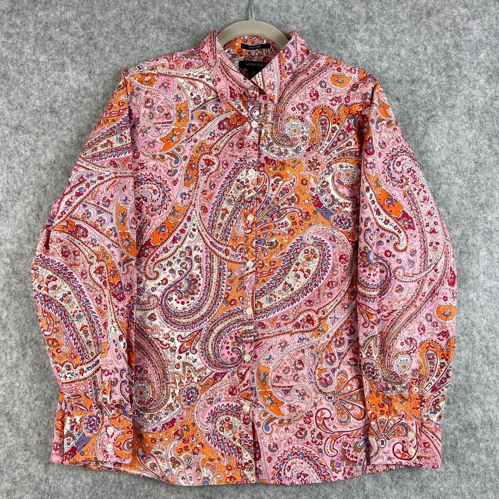 Lands End No Iron Supima Top Womens 18 Pink Paisley Button Up Long Sleeve Preppy